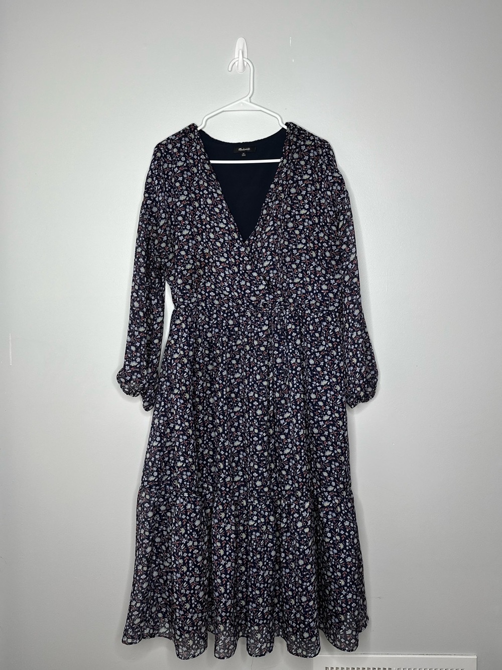 Madewell Navy Floral Long-Sleeve Midi Dress